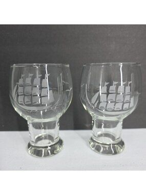 VTG Clipper Ship Etched Clear Beer Glasses 12 Oz Schooner Nautical Vaca Sailing